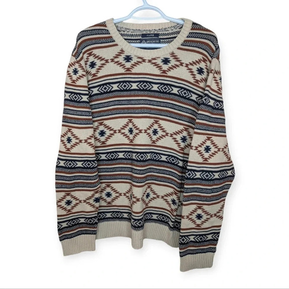 American Rag Cream Brown Navy Aztec Knit Crewneck Sweater Mens XL - Picture 2 of 9